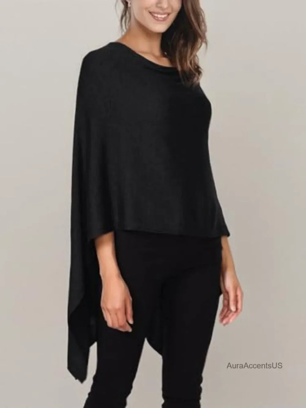 Womens Solid Knit Short Asymmetric Wrap Poncho Topper Cashmere Blend